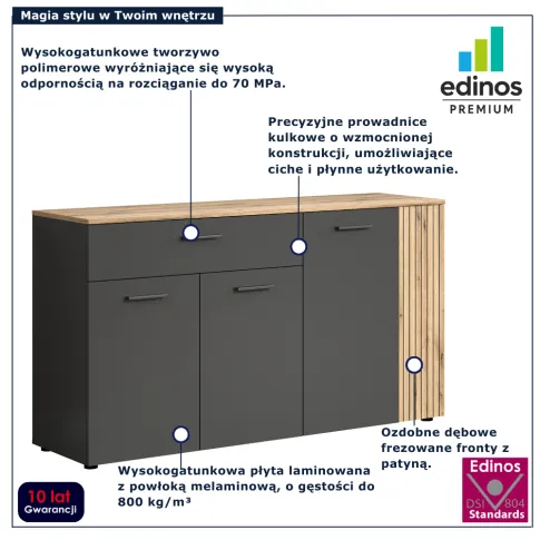 Czterodrzwiowa komoda nowoczesna do salonu Assoni 4X grafit + dąb evok