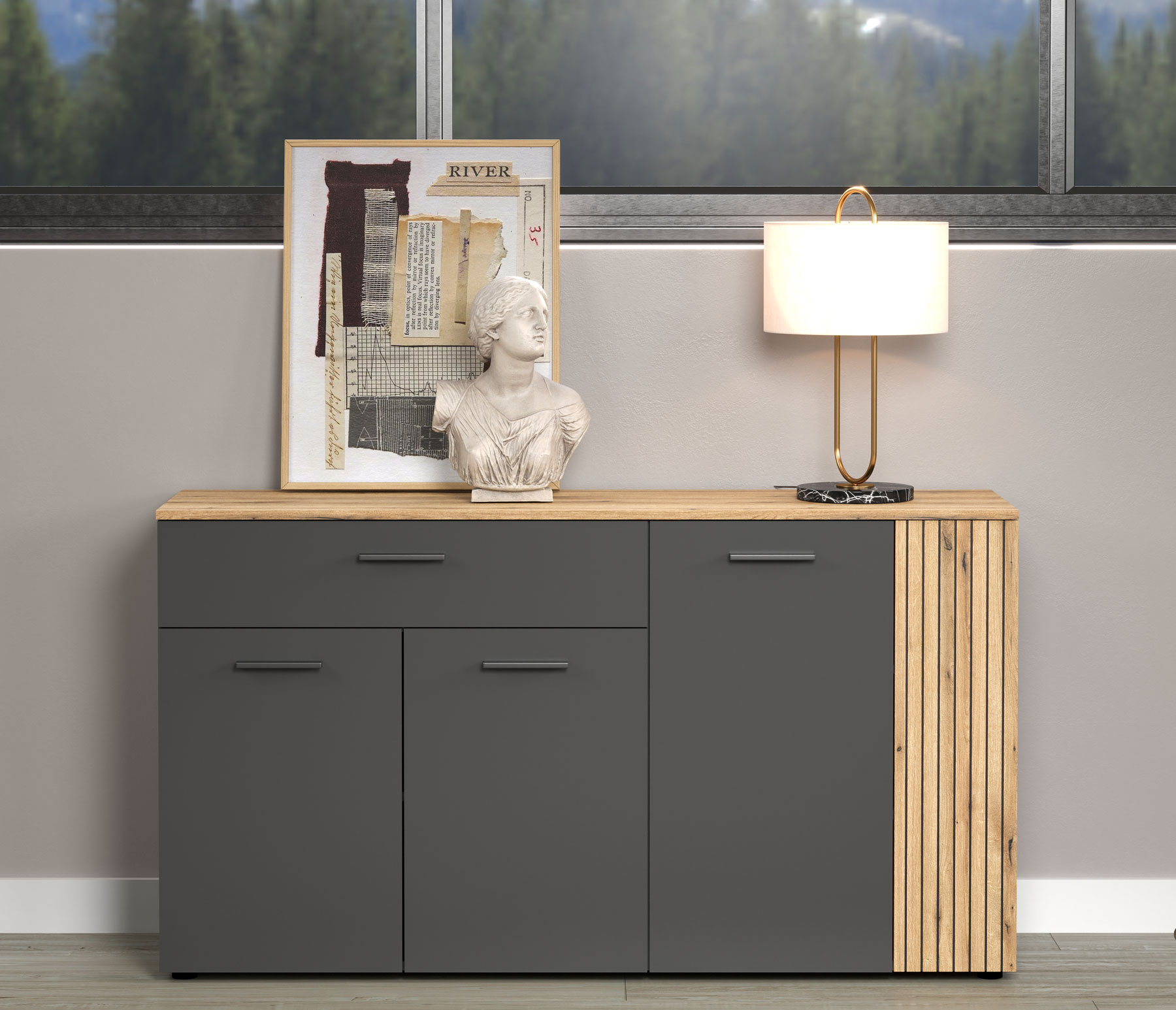 Wnętrze z wykorzystaniem komody czterodrzwiowej Assoni 3X grafit + dąb evok