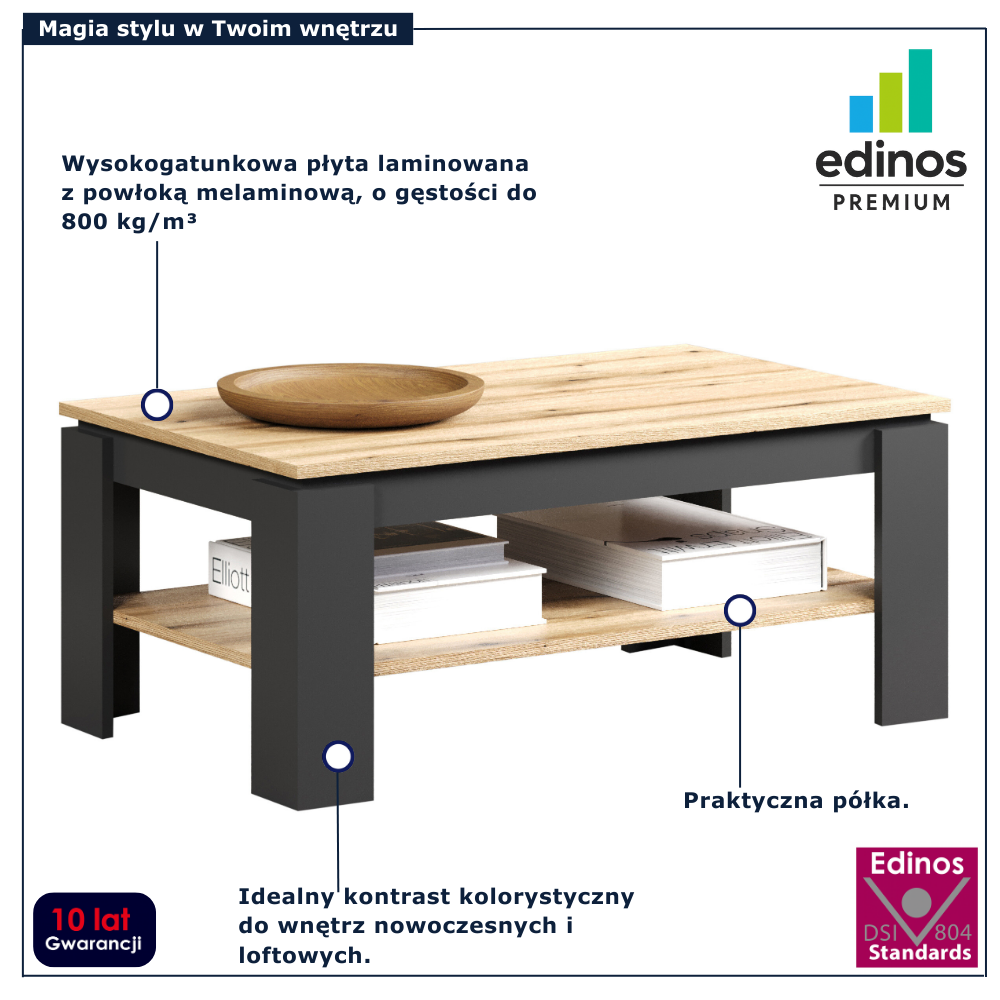 Ława kawowa nowoczesna z półką Assoni 6X grafit + dąb evok