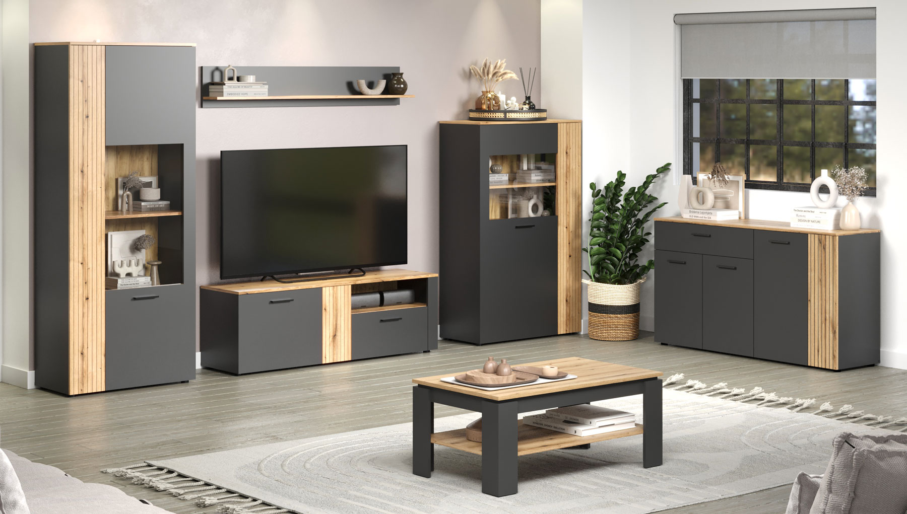 Minimaliztyczna łąwa loft do salonu Assoni 7X grafit + dąb evok