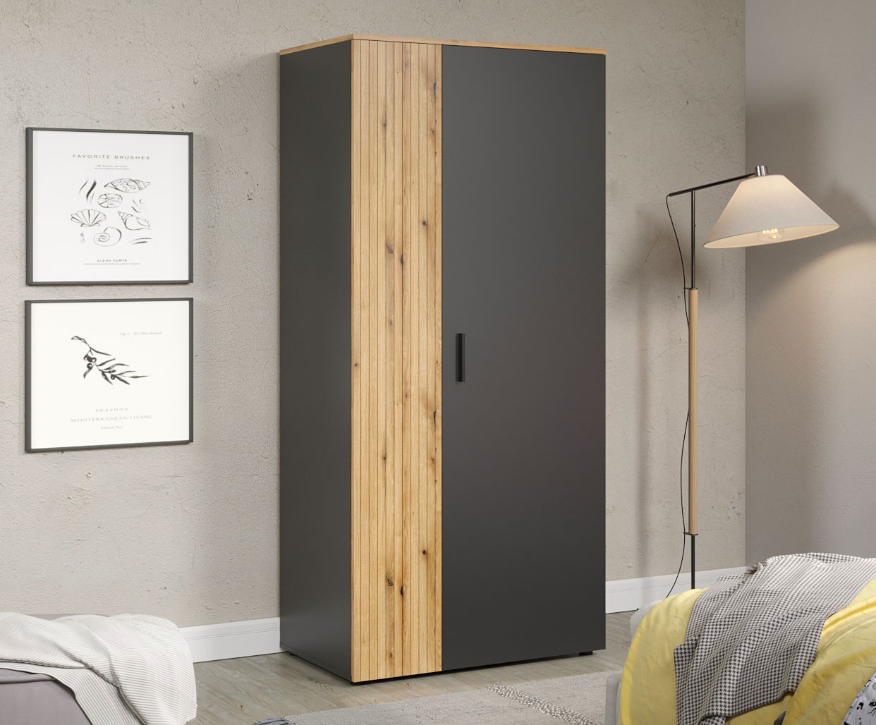 Szafa na ubrania z drążkiem 90 cm Assoni 8X grafit + dąb evok