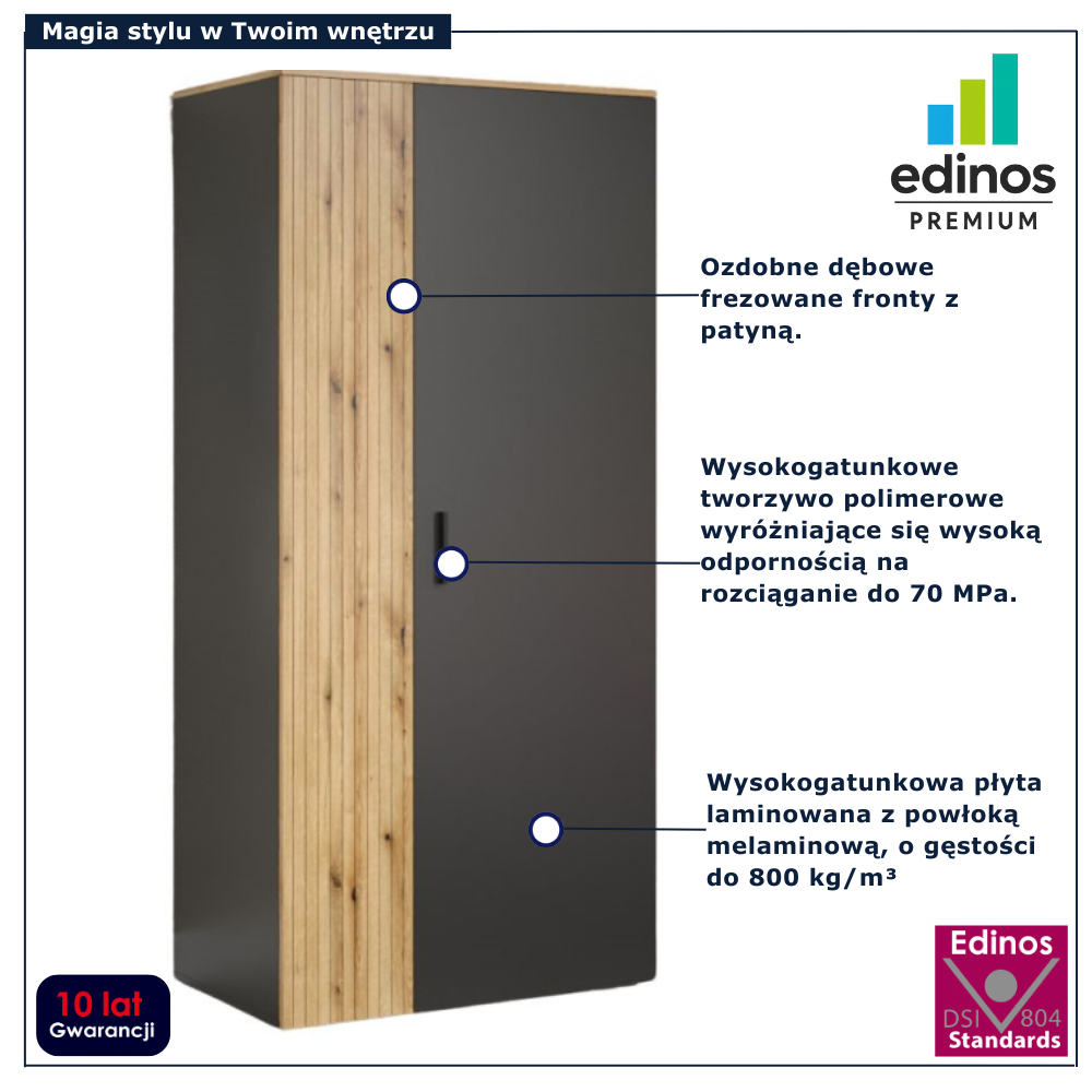 Dwudrzwiowa szafa z lamelami z drążkiem Assoni 8X grafit + dąb evok