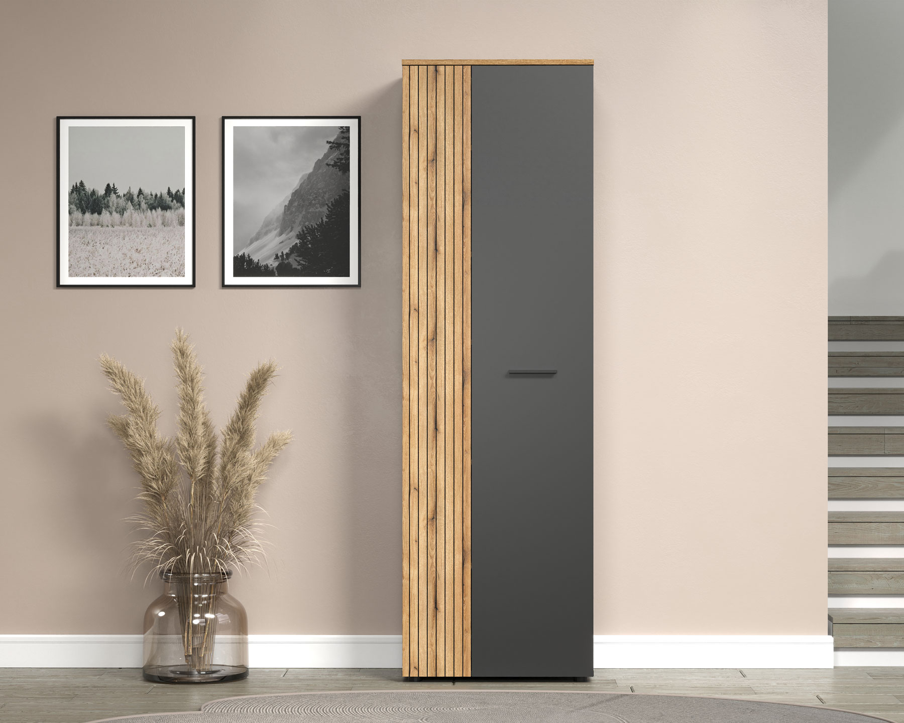 Szafa z lamelami i półkami w środku Assoni 9X grafit + dąb evok