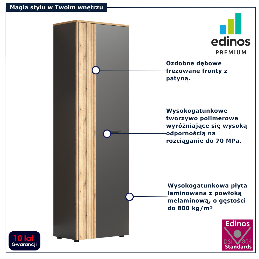 Wąska dwudrzwiowa szafa z półkami Assoni 9X grafit + dąb evok