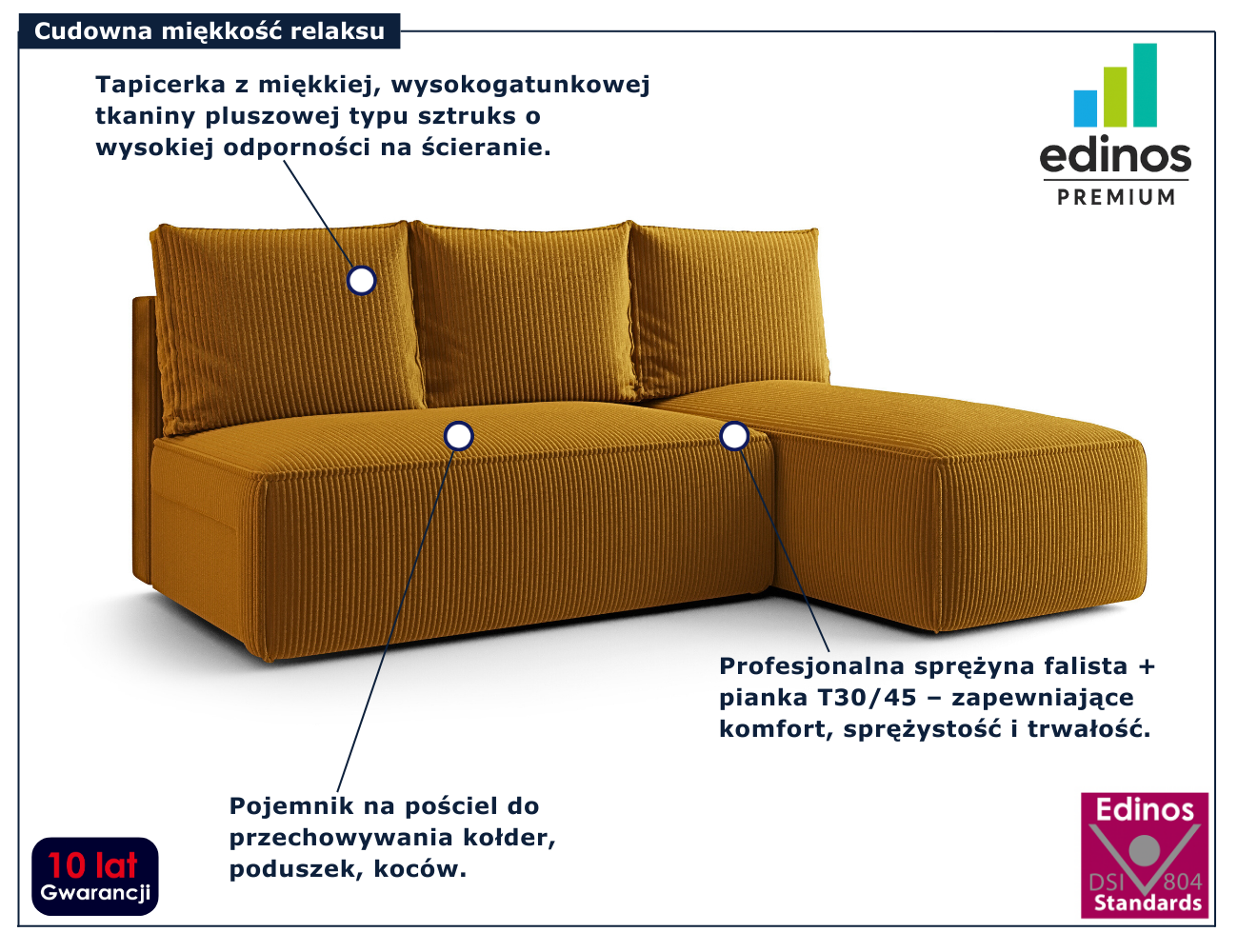 Musztardowa nowoczesna sofa rozkładana Merello 3X