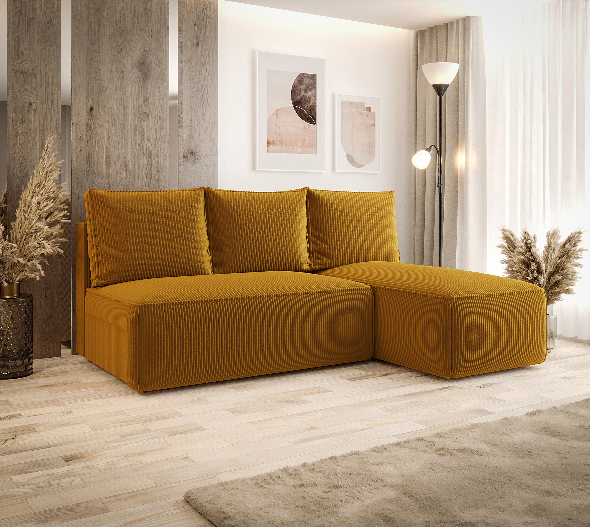 Aranżacja wnętrza z musztardową sofą narożną Merello 3X