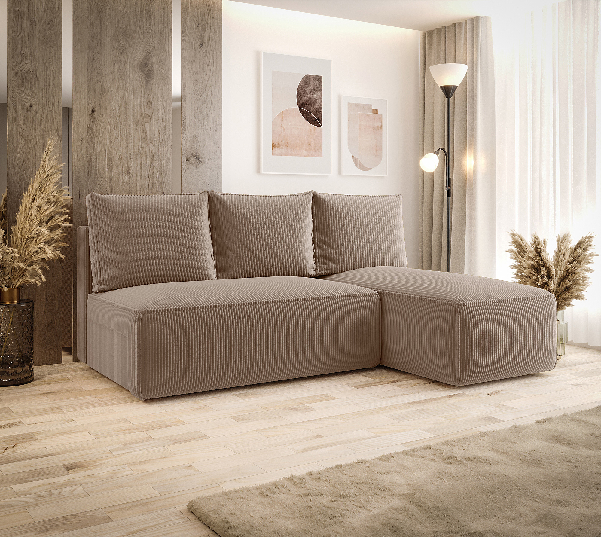 Aranżacja wnętrza z beżową sofą narożną Merello 3X