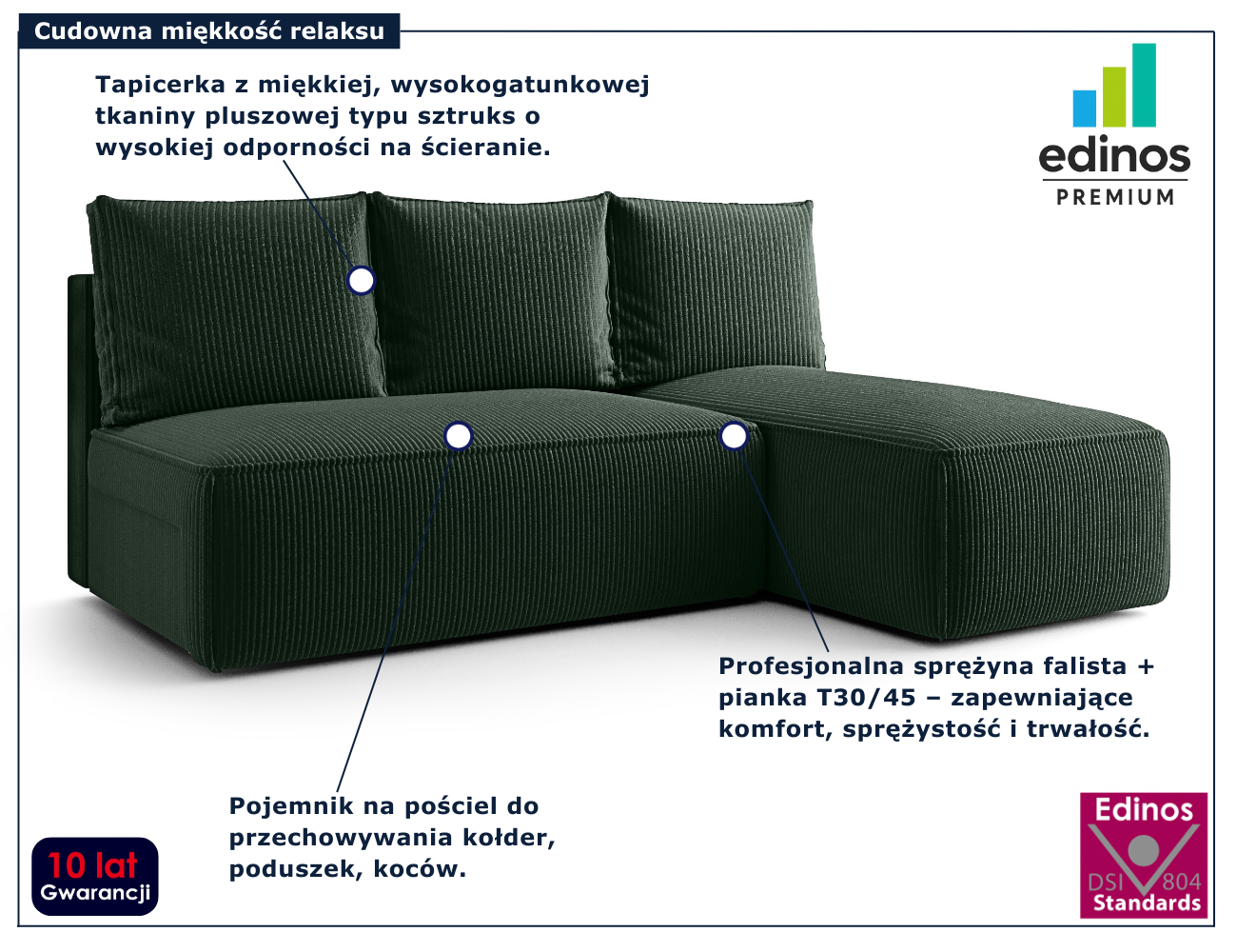 Zielona nowoczesna narożna sofa rozkładana Merello 4X