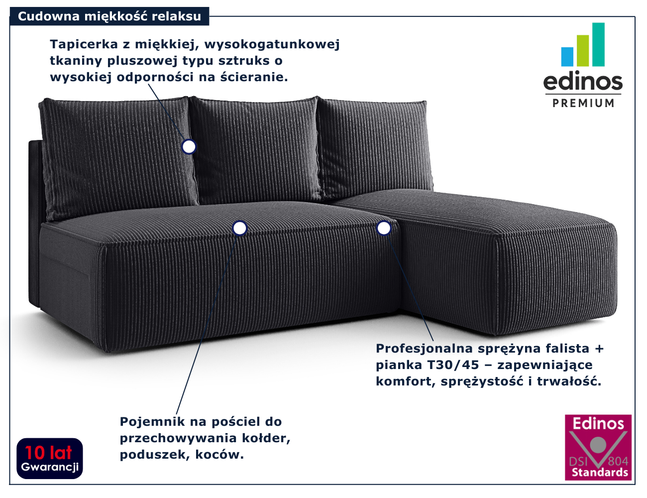 Grafitowa nowoczesna narożna sofa rozkładana Merello 4X