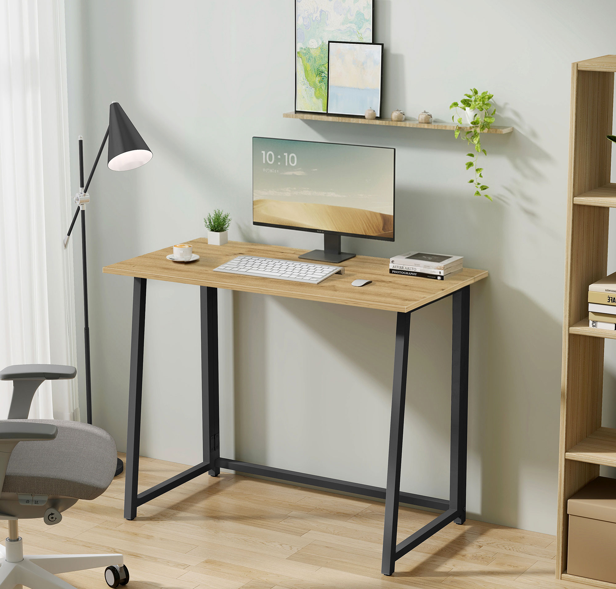 Przykładowa aranżacja z biurkiem składanym pod laptopa Odix dąb artisan + czarny