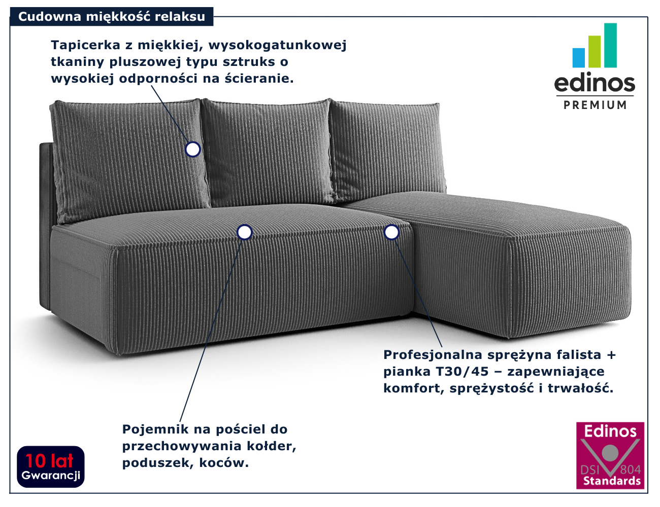 Ciemnoszara nowoczesna narożna sofa rozkładana Merello 4X