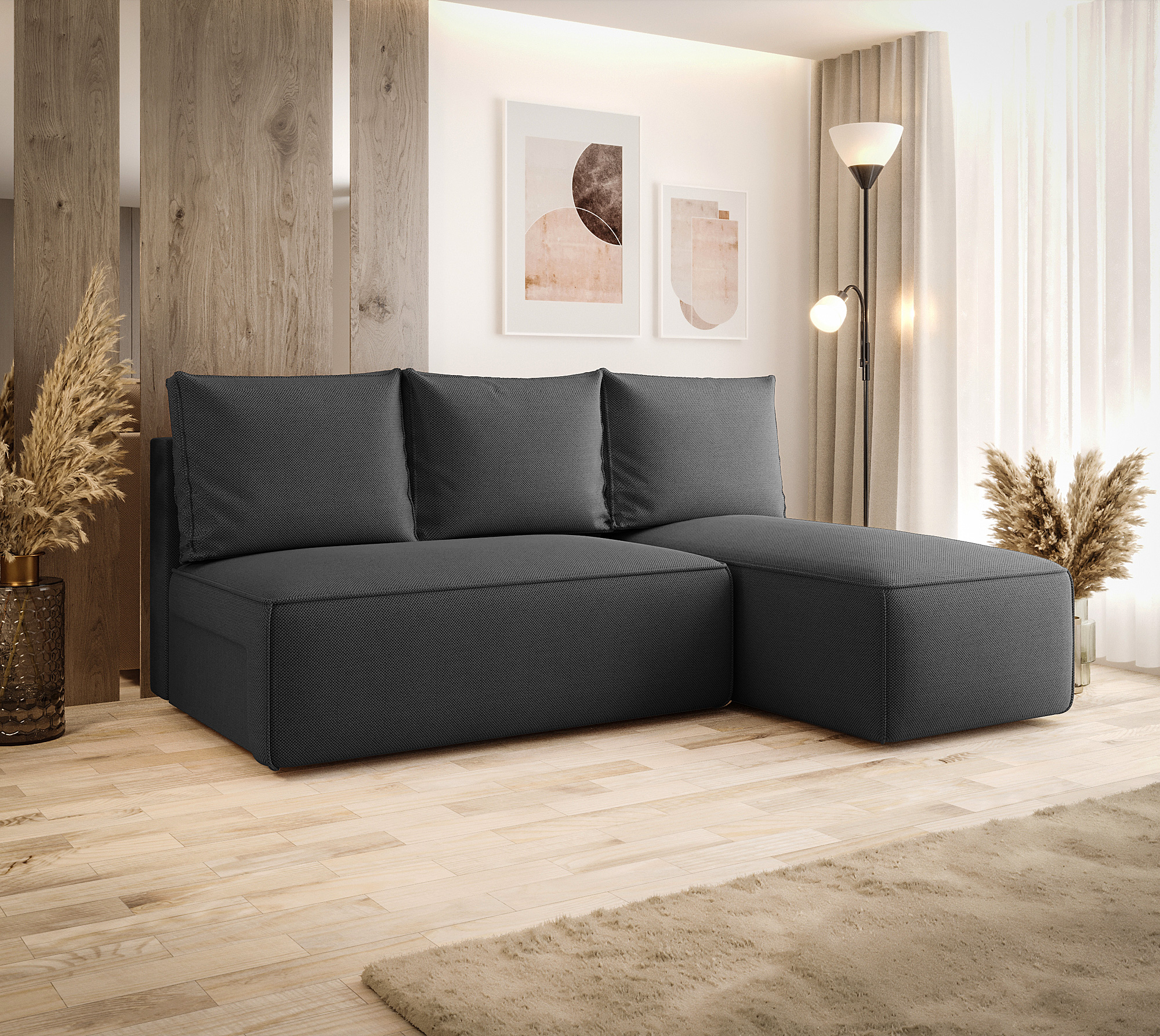 Aranżacja wnętrza z ciemnoszarą sofą narożną Merello 4X