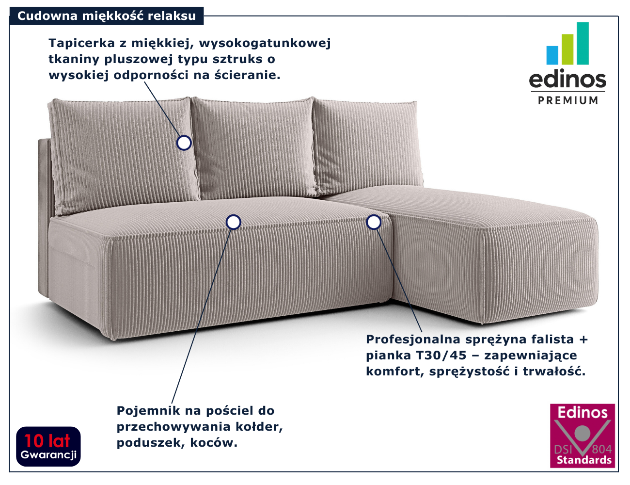 Jasnobeżowa nowoczesna narożna sofa rozkładana Merello 4X