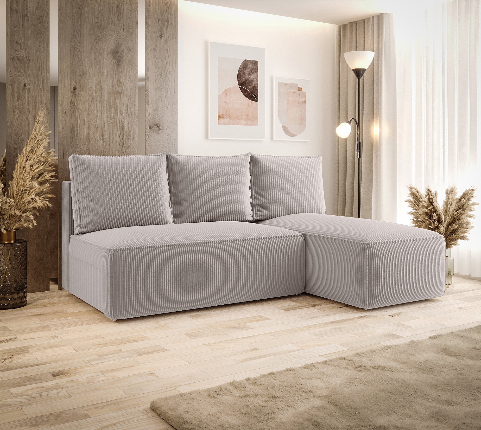 Aranżacja wnętrza z jasnobeżową sofą narożną Merello 4X