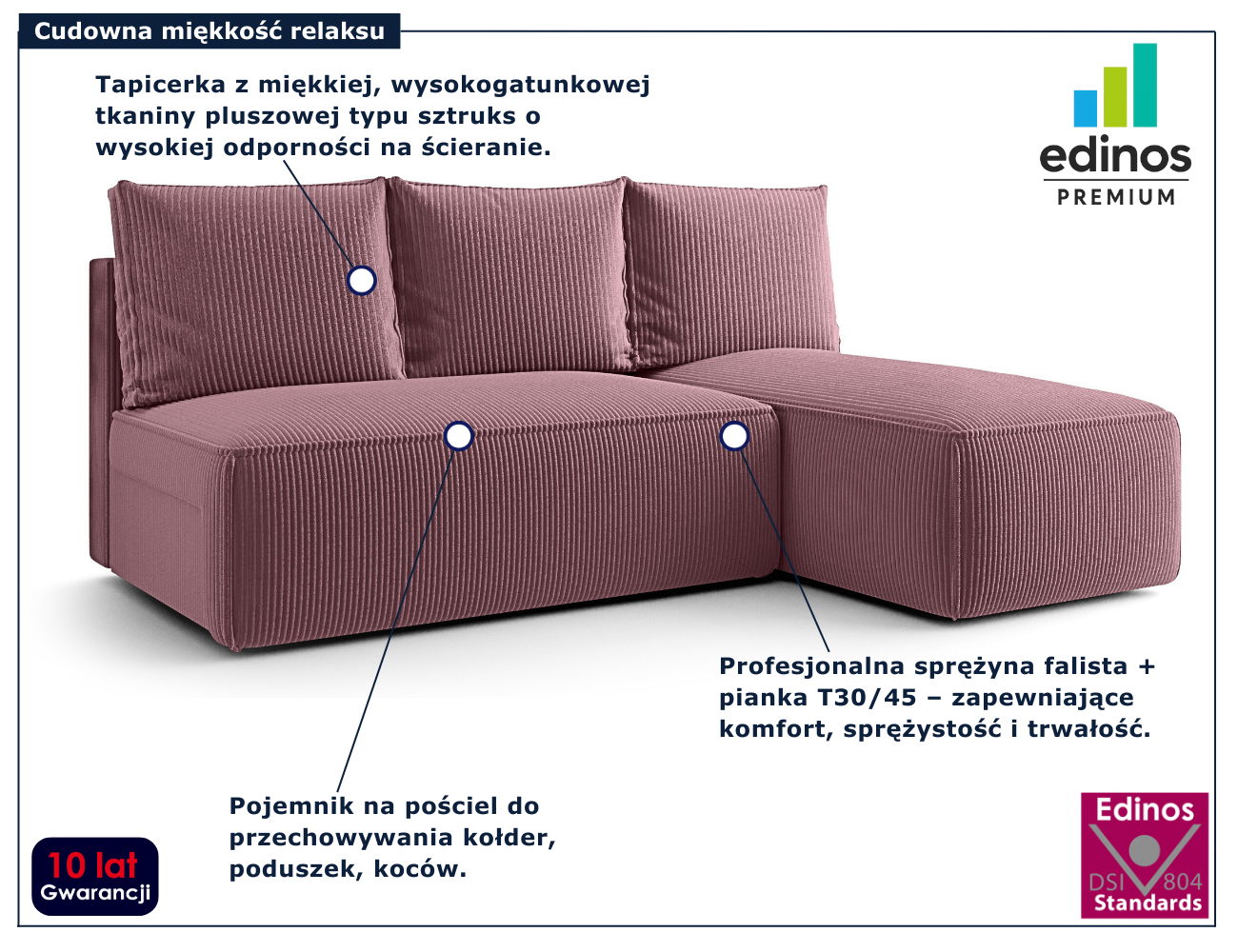 Różowa nowoczesna narożna sofa rozkładana Merello 4X