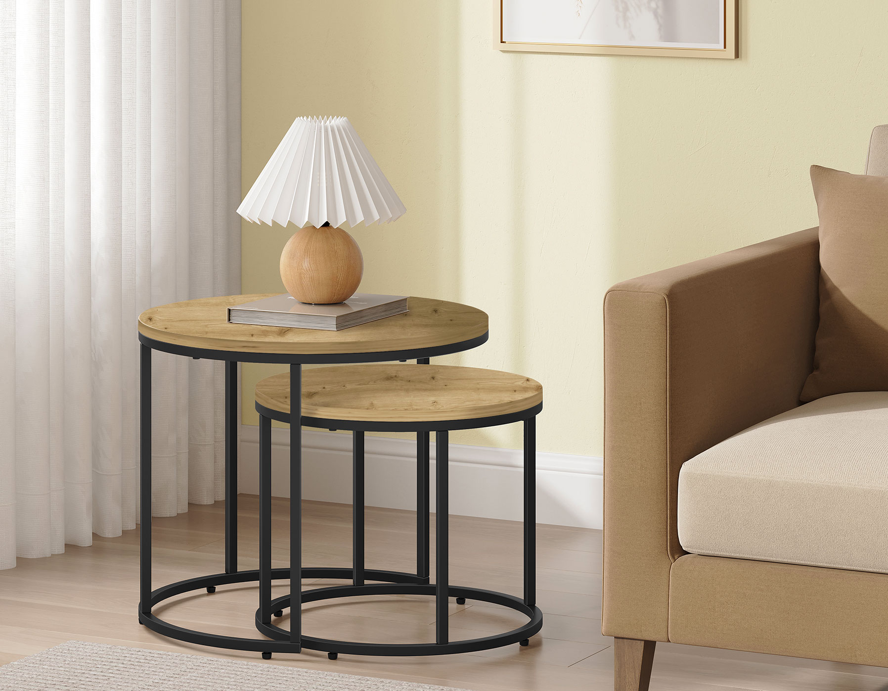 Salon z wykorzystaniem zestawu 2 stolików kawowych Philos 3X dąb artisan