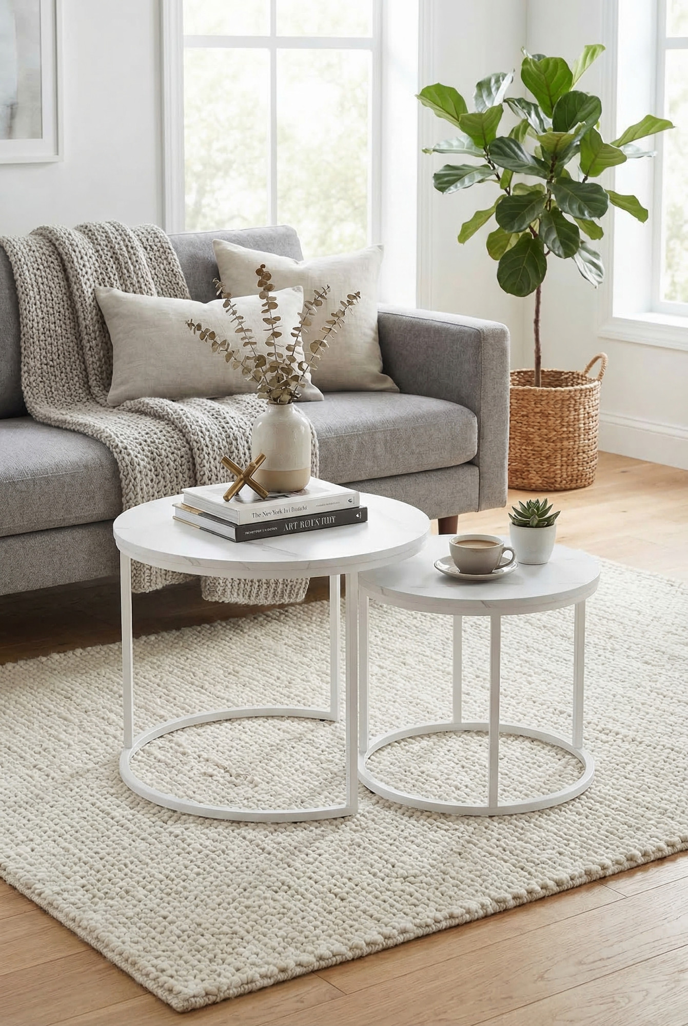 Salon z zestawem 2 białych stolików kawowych Philos 5X