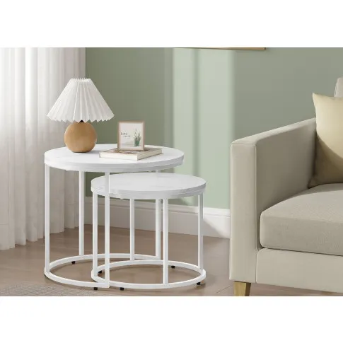 Przykładowa aranżacja z wykorzystaniem okrągłych stolików kawowoych Philos 5X biały +  marmur