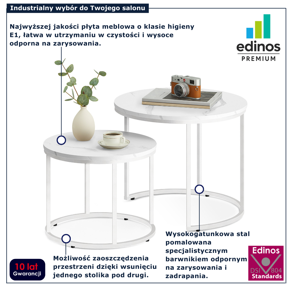 Zestaw 2 stolików kawowych wsuwanych jeden pod drugi Philos 5X marmur + biały