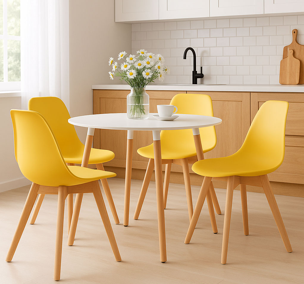 Kuchnia z wykorzystaniem musztardowego krzesła Pipi 4X