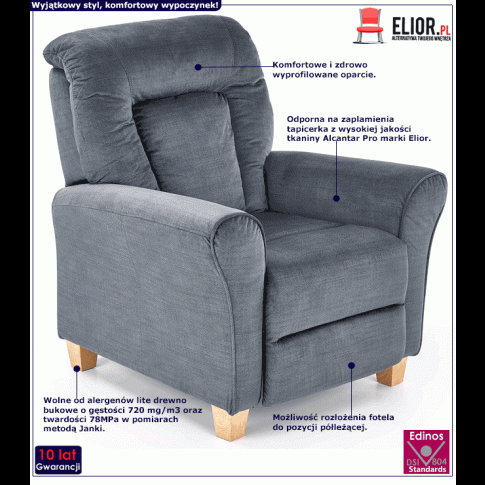 Popielaty fotel dla seniora rozkladany ervin infografika gif