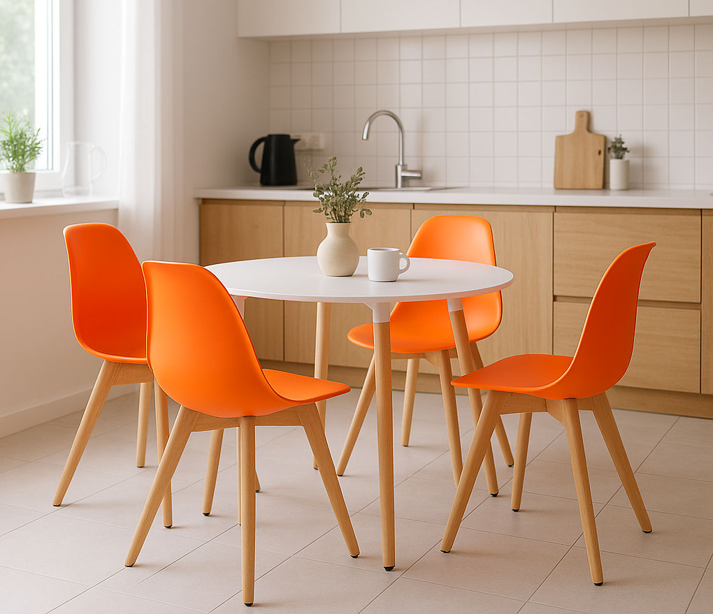 Kuchnia skandynawska z wykorzystaniem pomarańczowego krzesła Pipi 4X