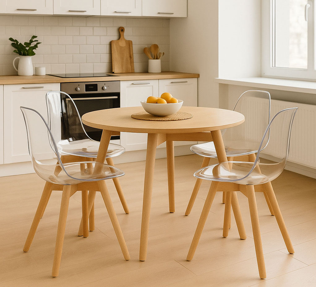 Kuchnia skandynawska z przeroczysteym krzesłem Pipi 4X ghost