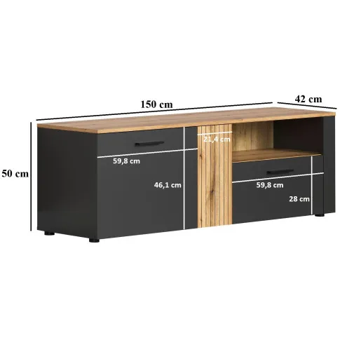 Wymiary szafki RTV do salonu Assoni 11X grafit + dąb evok