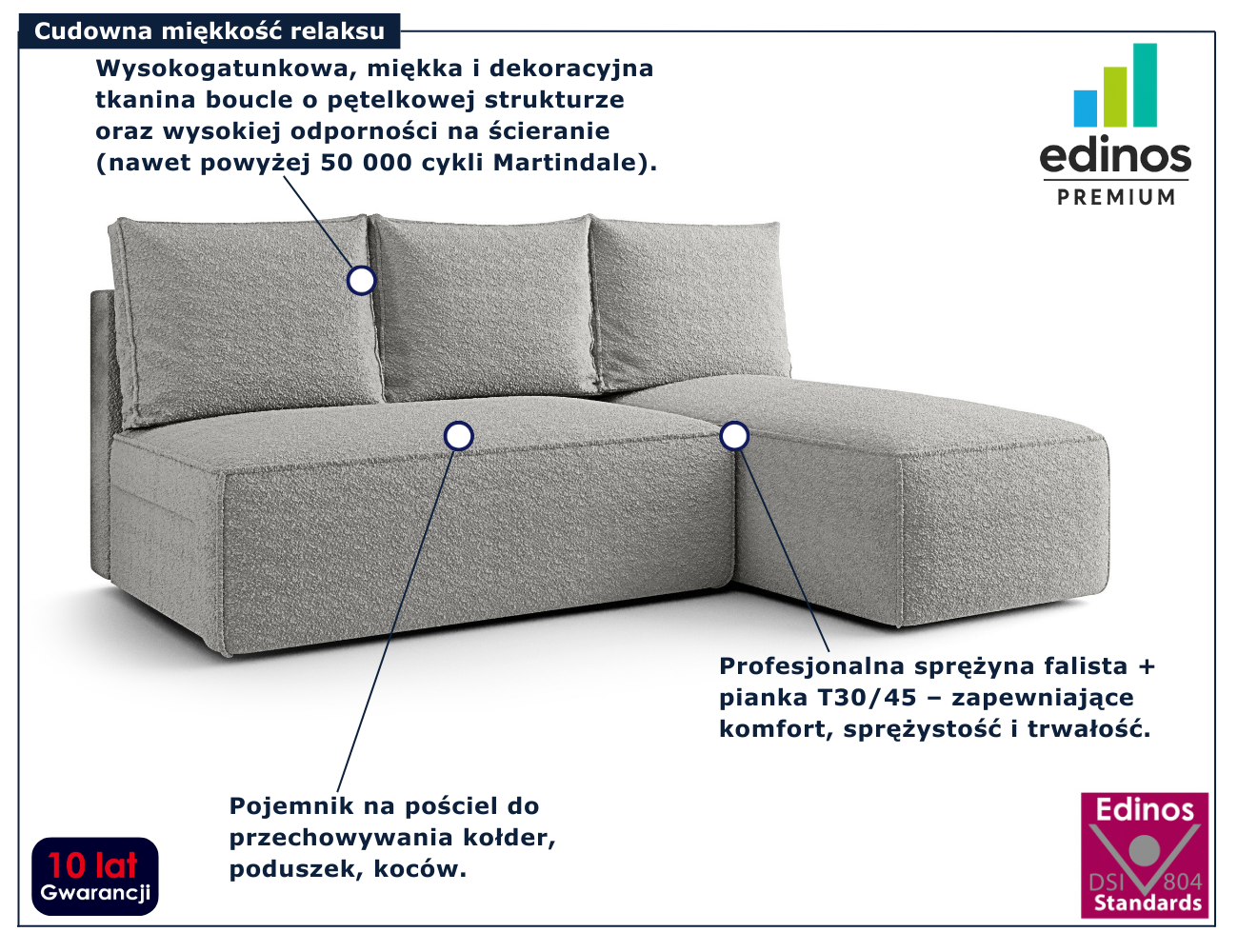 Jasnoszara nowoczesna sofa rozkładana Merello 5X