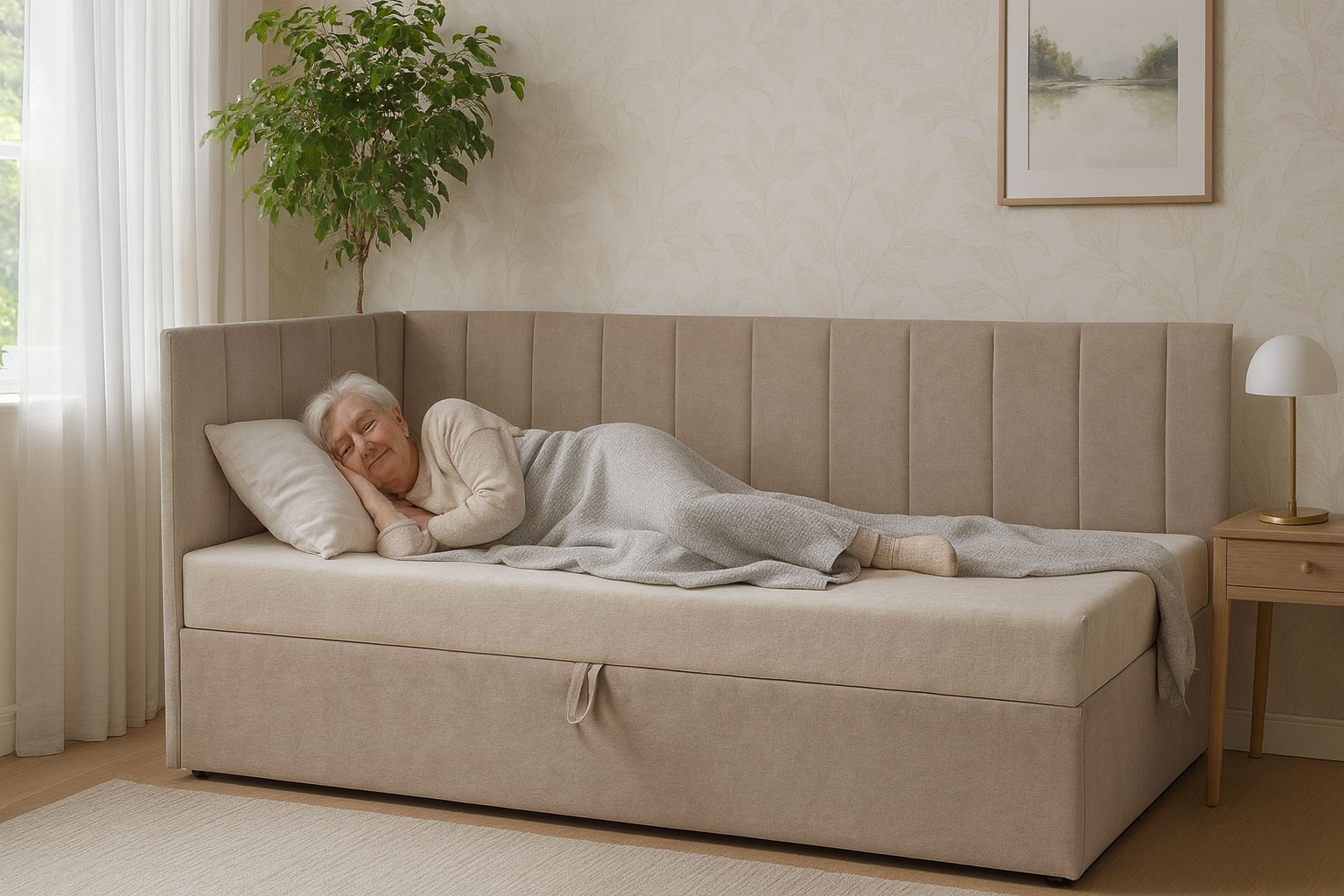 Sypialnia z beżowym tapczanem łóżkiem dla seniora Topeo