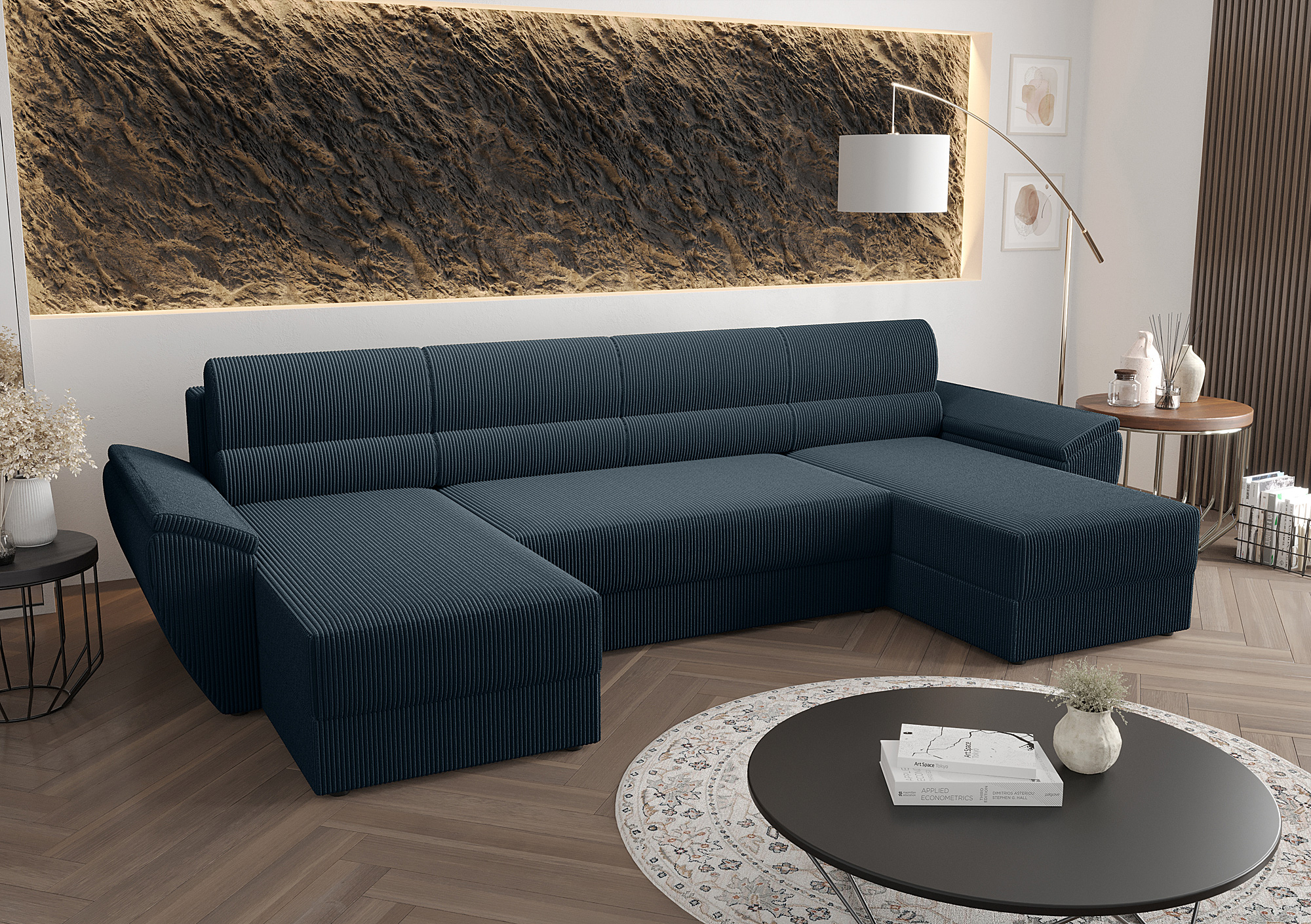 Aranżacja wnętrza z granatową sofą narożną Meltaro