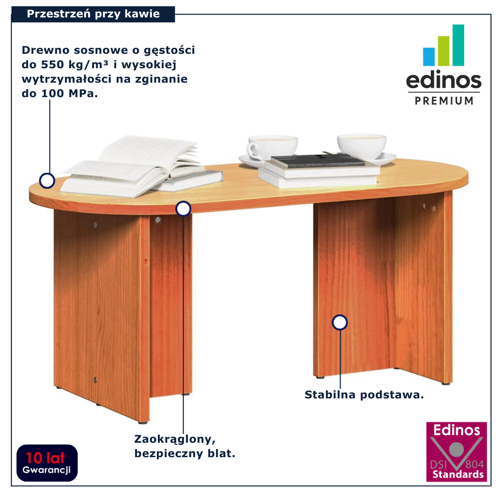 Brązowy drewniany owalny stolik kawowy Zovini woskowy brąz