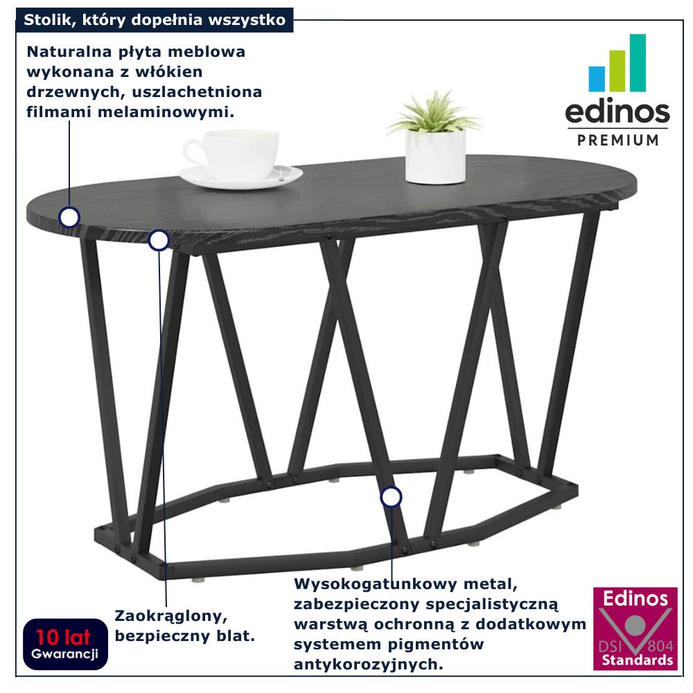 Czarny owalny stolik kawowy metalowy Ebin czarny dąb