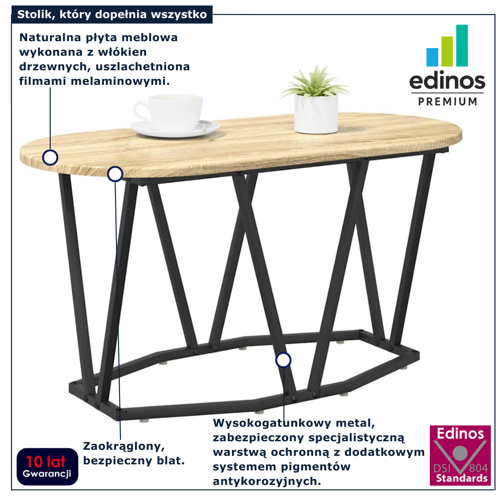 Owalny stolik kawowy metalowy Ebin dąb sonoma