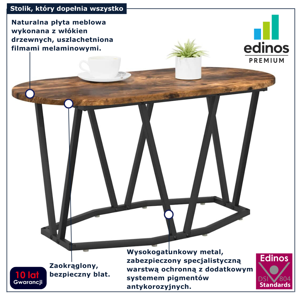 Rustykalny owalny stolik kawowy metalowy Ebin dąb wędzony