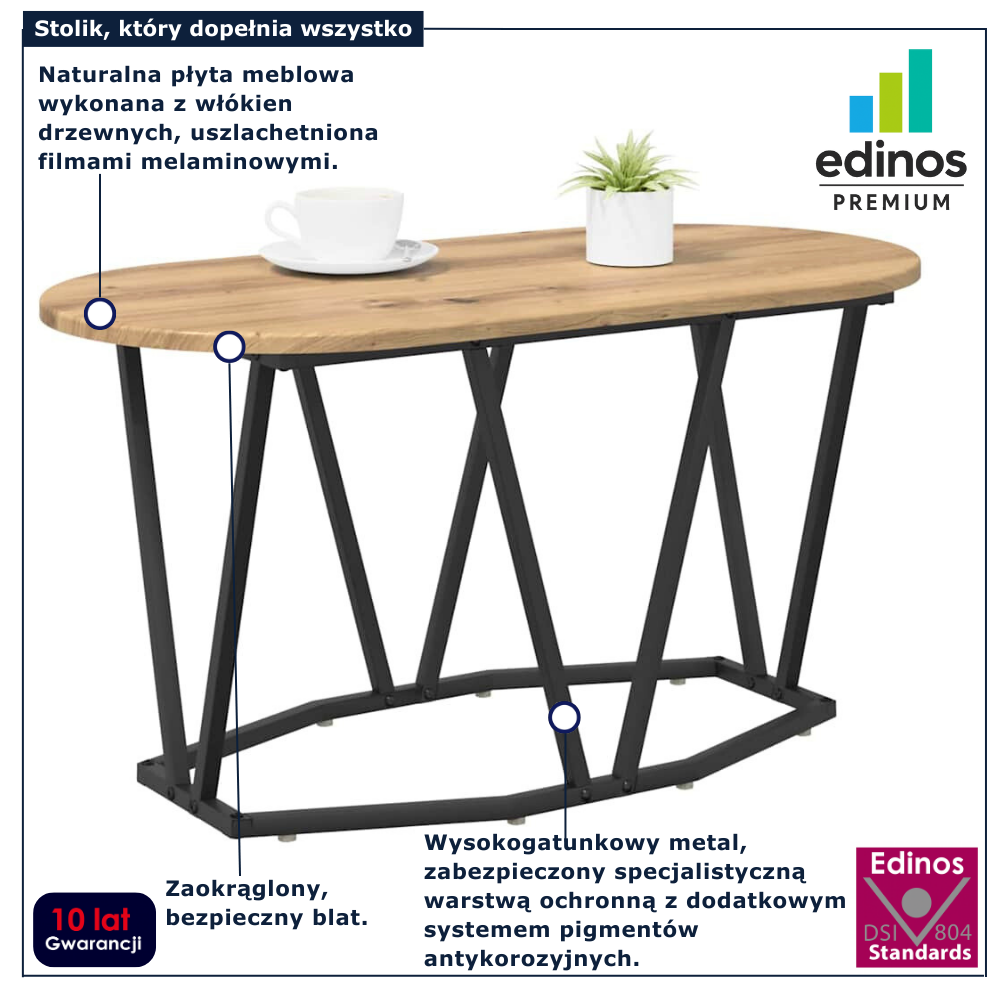 Owalny stolik kawowy metalowy w stylu loft Ebin dąb rzemieślniczy
