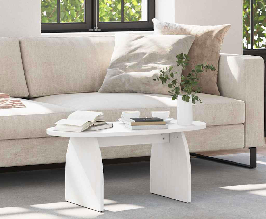 Salon skandynawski z wykorzystaniem białego stolika kawowego owalnego Werini