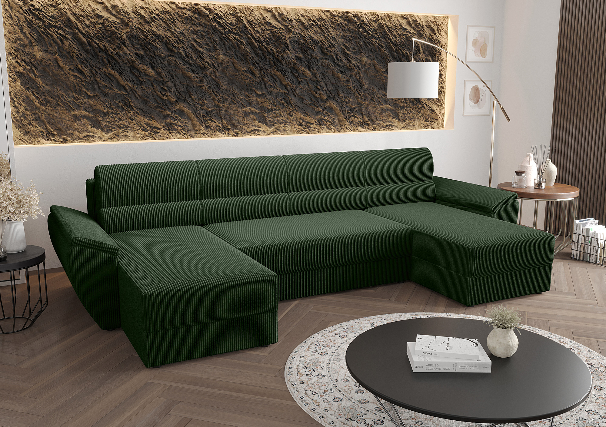 Aranżacja wnętrza z zieloną sofą narożną Meltaro