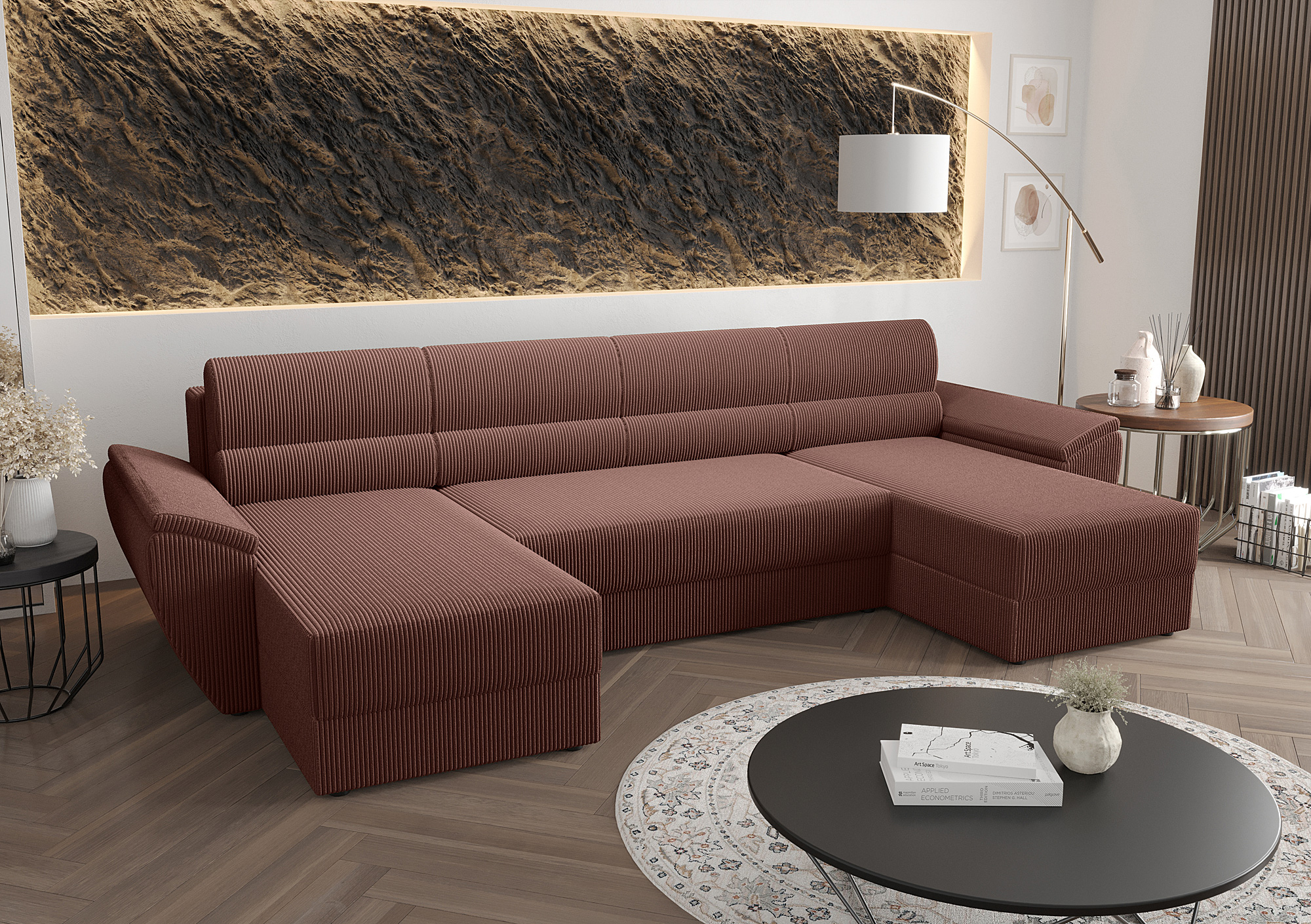 Aranżacja wnętrza z różową sofą narożną Meltaro