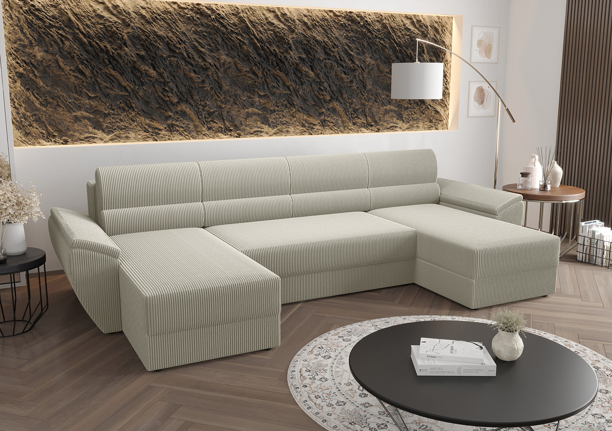 Aranżacja wnętrza z beżową sofą narożną Meltaro