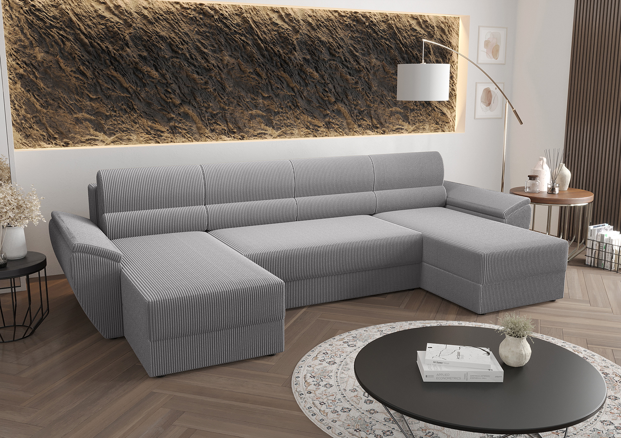 Aranżacja wnętrza z szarą sofą narożną Meltaro