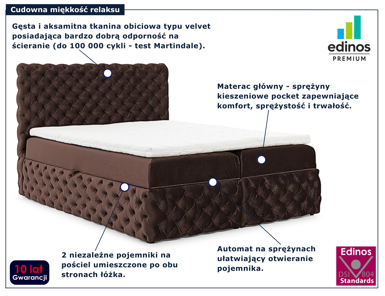 Brązowe łóżko kontynentalne Veltorio