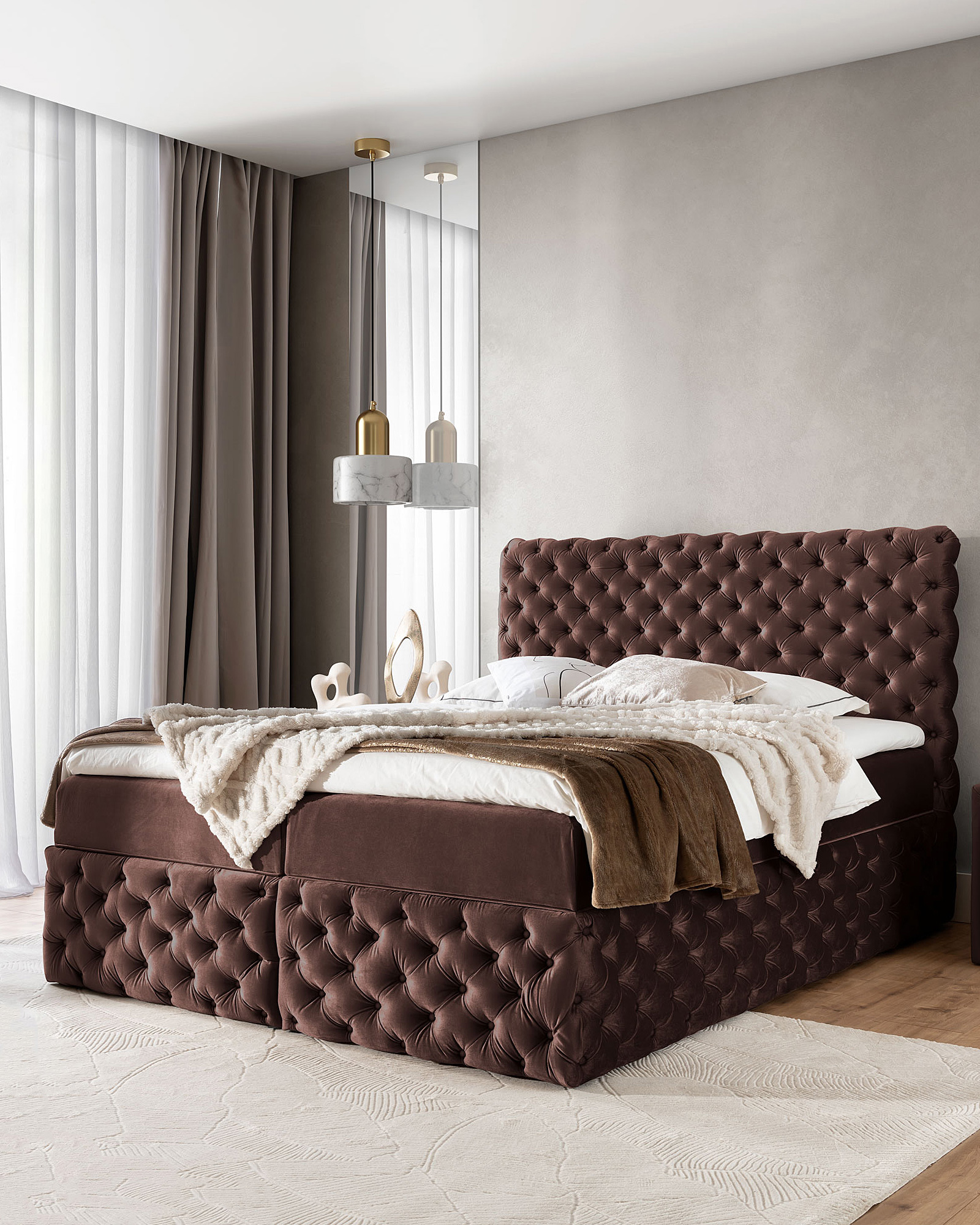 Aranżacja wnętrza z brązowym łóżkiem Veltorio