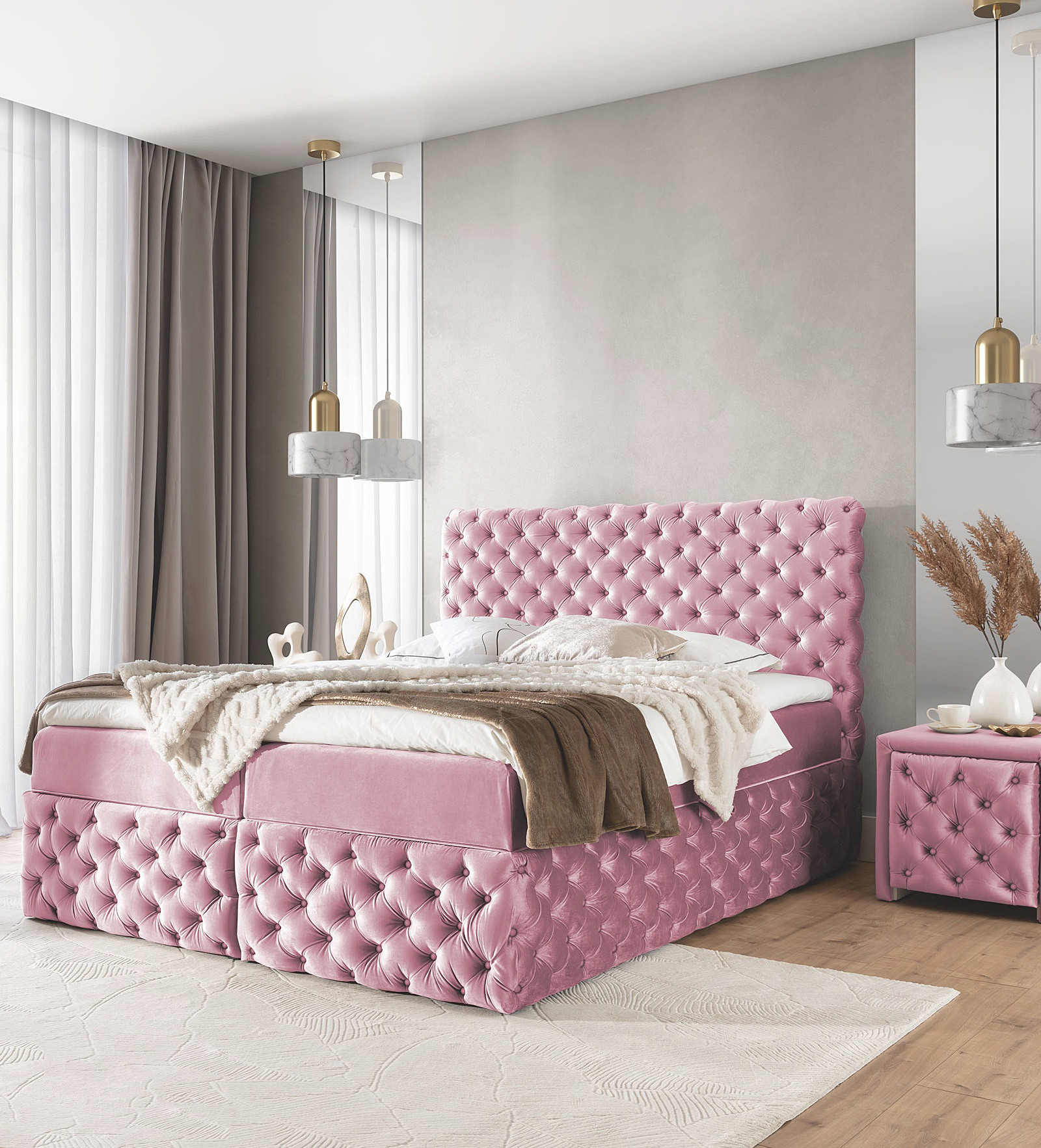 Aranżacja wnętrza z różowym łóżkiem Veltorio