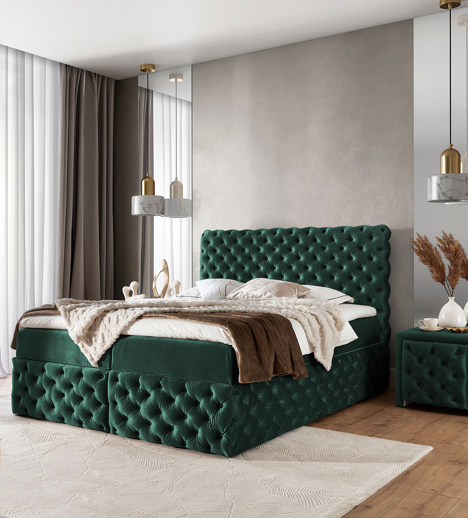 Aranżacja wnętrza z zielonym łóżkiem Veltorio