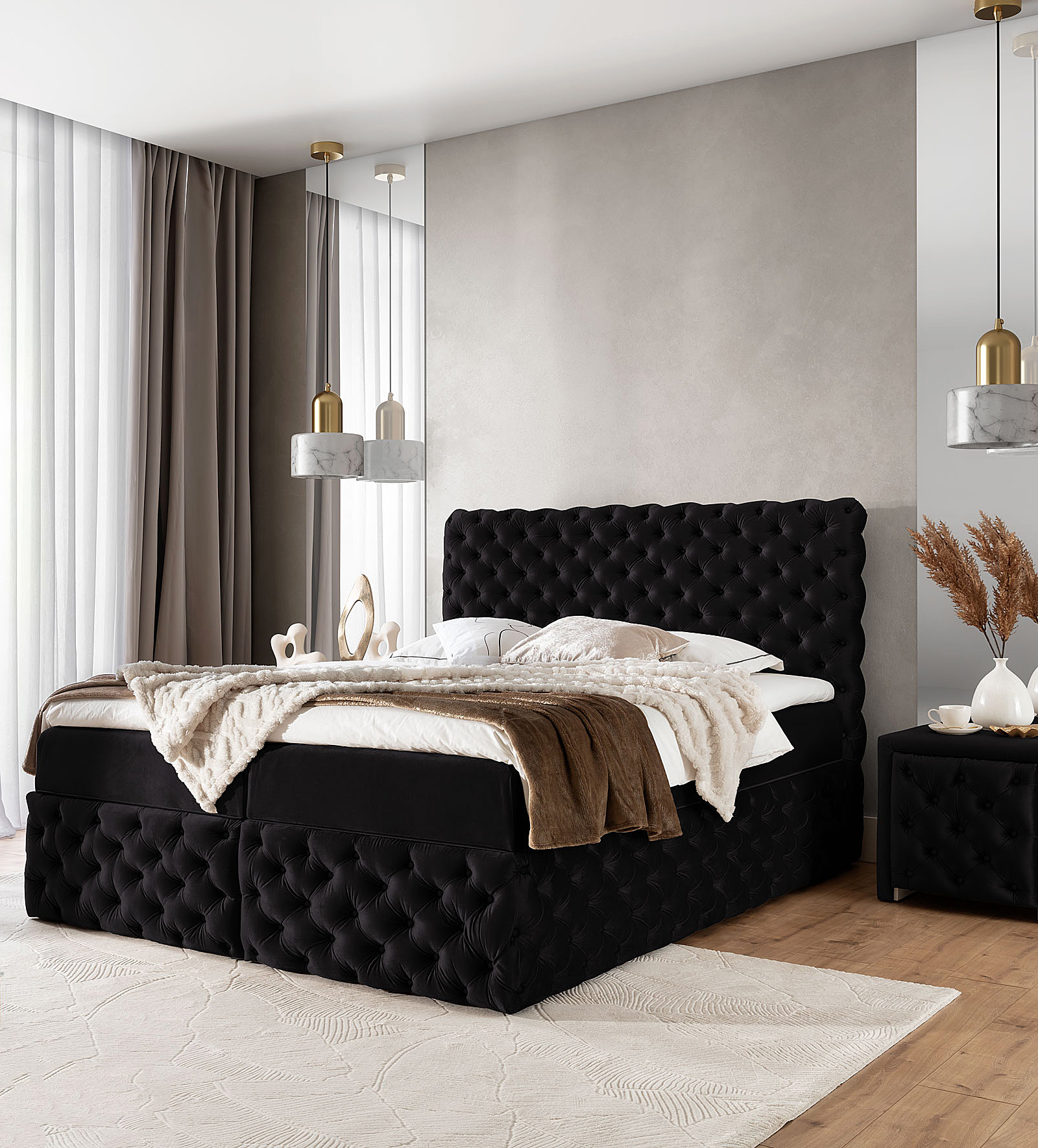 Aranżacja wnętrza z czarnym łóżkiem Veltorio