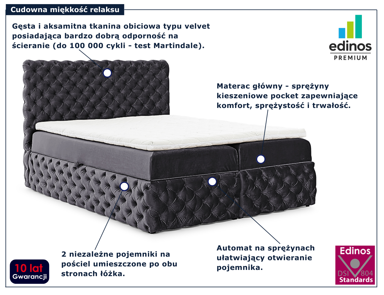 Grafitowe łóżko kontynentalne Veltorio