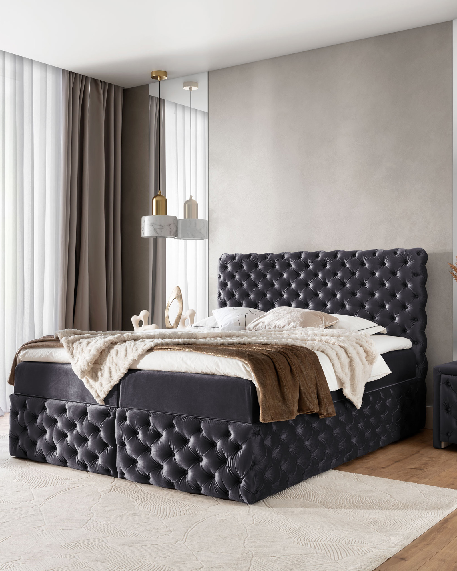 Aranżacja wnętrza z grafitowym łóżkiem Veltorio