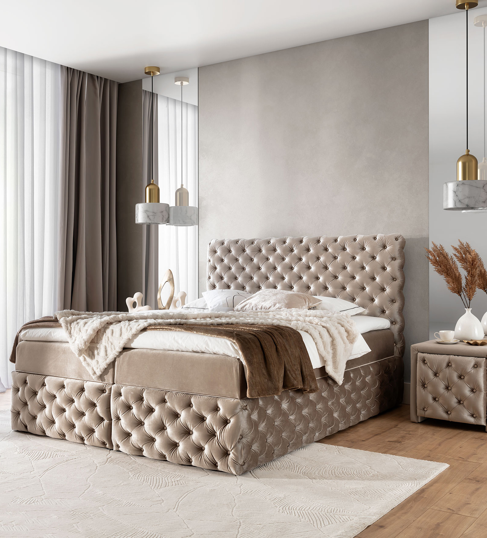 Aranżacja wnętrza z beżowym łóżkiem Veltorio
