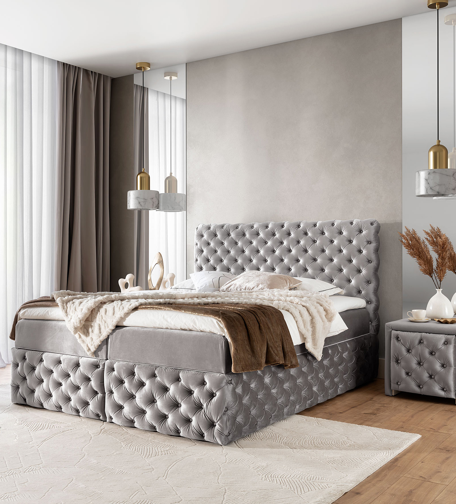 Aranżacja wnętrza z jasnoszarym łóżkiem Veltorio